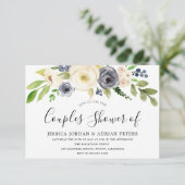 Invitation Navy & Champagne Aquarelle Fleurs Couple Baby Show (Debout devant)