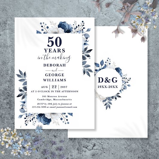 Invitation Navy Chic 50e anniversaire de mariage monogramme