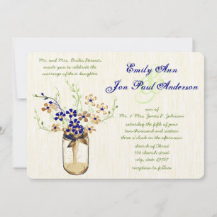 Invitation Navy Copper and Green Mason Jar Wild Flower