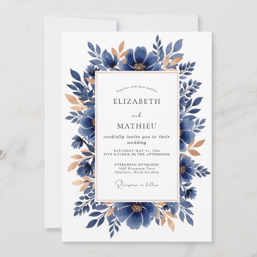 Invitation Navy Copper Elegant Botanical Wedding (Devant)