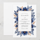 Invitation Navy Copper Elegant Botanical Wedding (Devant / Derrière)