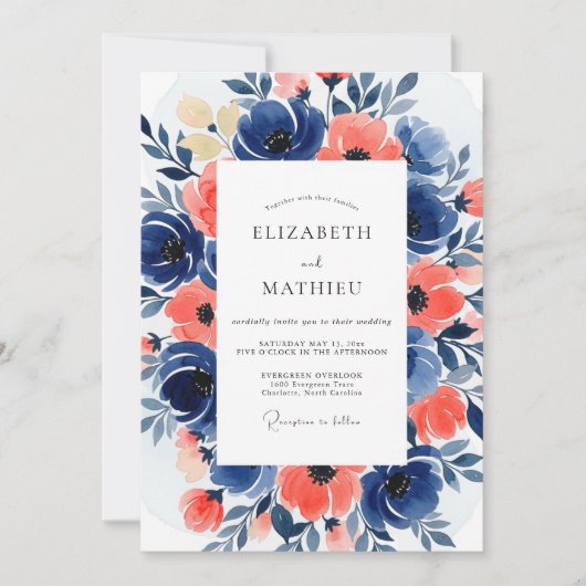 Invitation Navy Coral Bloom Romance Wedding (Devant)