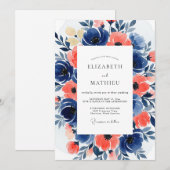 Invitation Navy Coral Bloom Romance Wedding (Devant / Derrière)