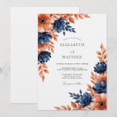 Invitation Navy Coral Painterly Blossom Wedding (Devant / Derrière)