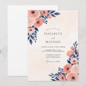 Invitation Navy Coral Painterly Summer Wedding (Devant / Derrière)