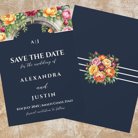 Invitation Navy Crème Fleurs en Arc Mariage Économisez la Dat