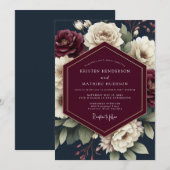 Invitation Navy & Crimson Moody Bloom Wedding (Devant / Derrière)