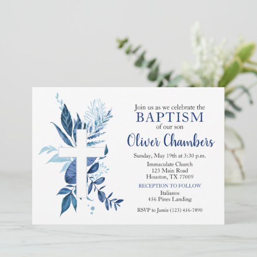 Invitation Navy Cross Rustic Boy Baptisme (Debout devant)