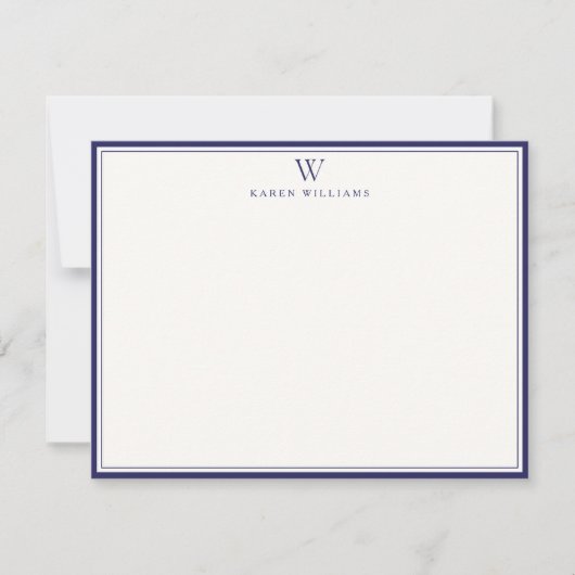 Invitation Navy Double Border Monogram Off-White Note Card (Devant)