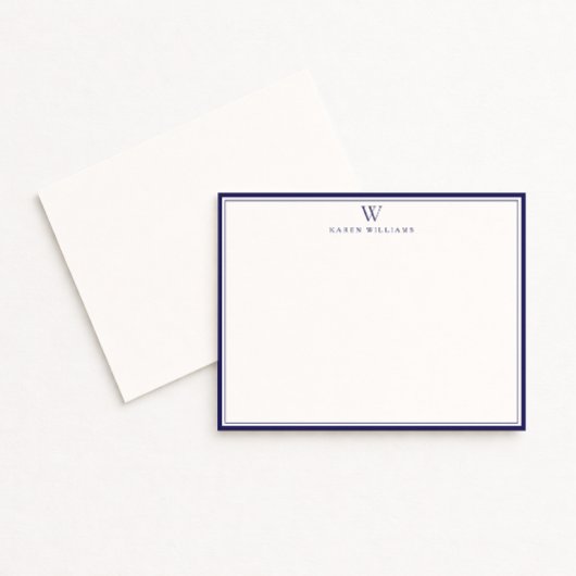 Invitation Navy Double Border Monogram Off-White Note Card