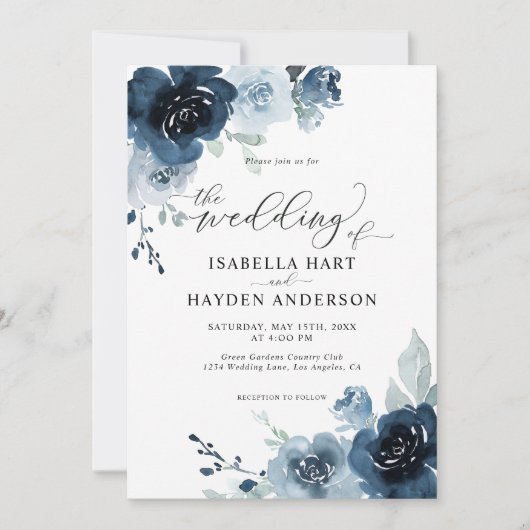 Invitation Navy Dusty Blue Dark Slate Floral Pastel Mariage (Devant)