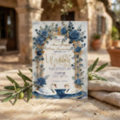 Invitation Navy Dusty Blue Gold Faux Foil Floral Swan Wedding