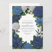 Invitation Navy, Dusty Blue & Silver Floral Wedding (Devant / Derrière)