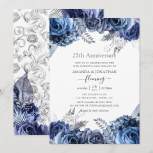 Invitation Navy et Blanc avec Feuille d'Argent 25e Anniversai