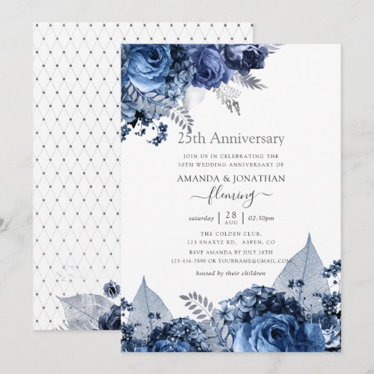 Invitation Navy et Blanc avec Feuille d'Argent 25e Anniversai (Devant / Derrière)