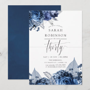 Invitation Navy et Blanc avec Feuille d'Argent 30e Anniversai