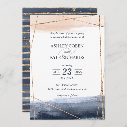 Invitation Navy et Blush avec Mariage Gold Frame (Devant / Derrière)