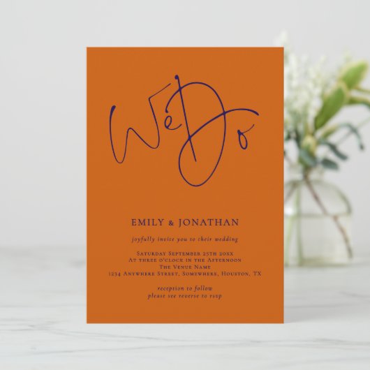 Invitation Navy et Burange Orange Script We Do QR Code Mariag (Debout devant)