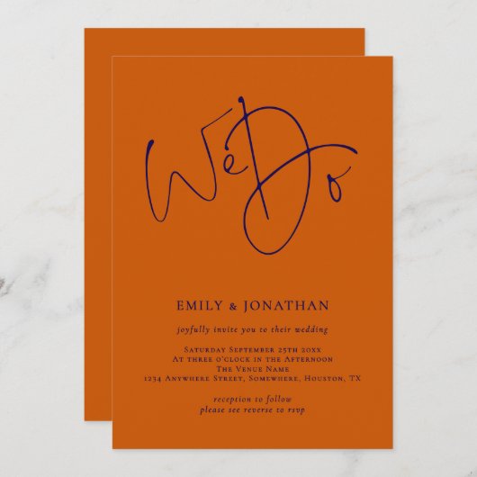 Invitation Navy et Burange Orange Script We Do QR Code Mariag (Devant / Derrière)