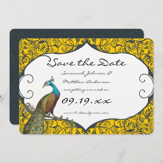 Invitation Navy et Moutarde Peacock Love Bird Enregistrer la (Devant / Derrière)
