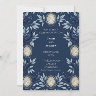 Invitation Navy et Sage Cameo Oiseau Vintage