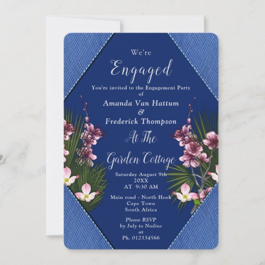 Invitation Navy - Fleurs bleues et roses Engagement (Devant)
