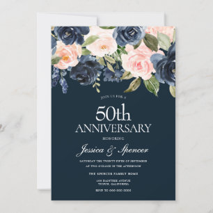 Invitation Navy & Fleurs Blush 50e Anniversaire de Mariage