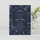 Invitation Navy Fleurs Papillon Argent Douce 16 (Debout devant)