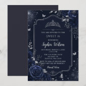 Invitation Navy Fleurs Papillon Argent Douce 16 (Devant / Derrière)