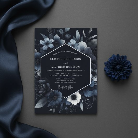 Invitation Navy Floral Bloom Wedding