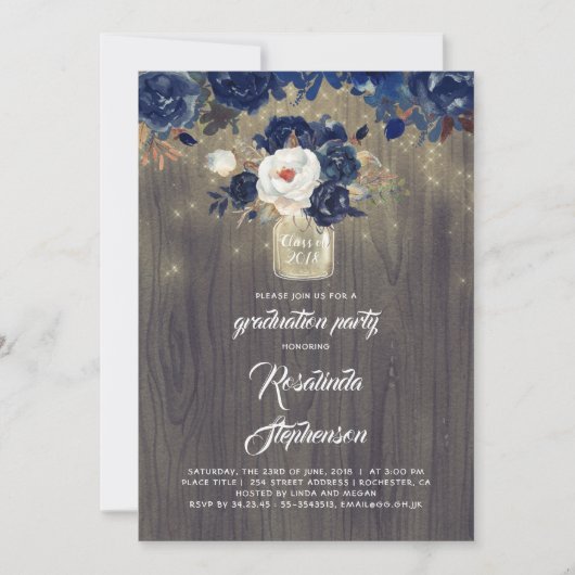 Invitation Navy Floral Mason Jar Rustic Graduation Party (Devant)