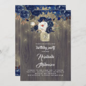 Invitation Navy Floral Mason Jar Rustique Anniversaire (Devant / Derrière)