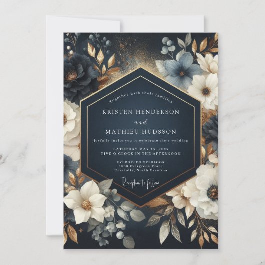 Invitation Navy Floral Opulent Wedding (Devant)