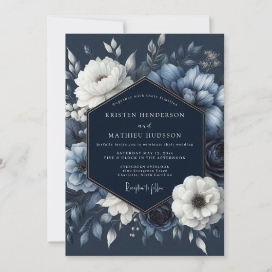 Invitation Navy Floral Romance Wedding (Devant)