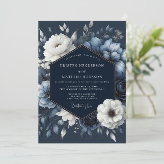 Invitation Navy Floral Romance Wedding (Debout devant)