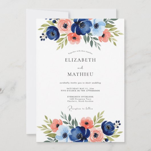Invitation Navy Floral Romantic Wedding (Devant)