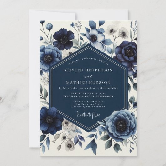 Invitation Navy Floral Romantic Wedding (Devant)