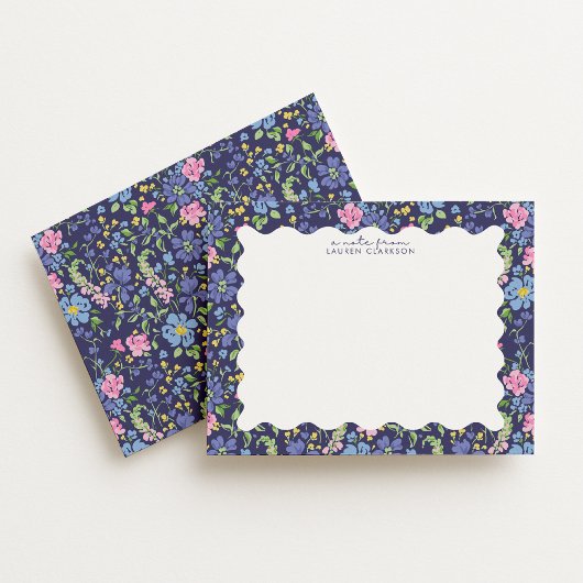 Invitation Navy Floral Wavy Frame Note Card