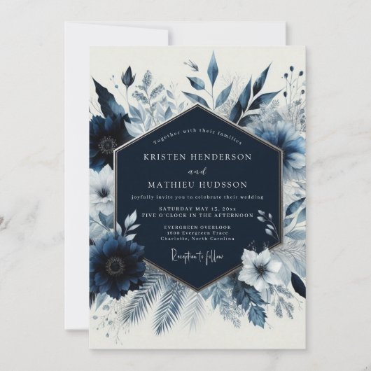 Invitation Navy Floral Winter Romance Wedding (Devant)