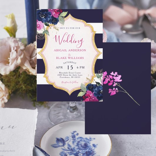 Invitation Navy & Fuchsia Floral Wedding