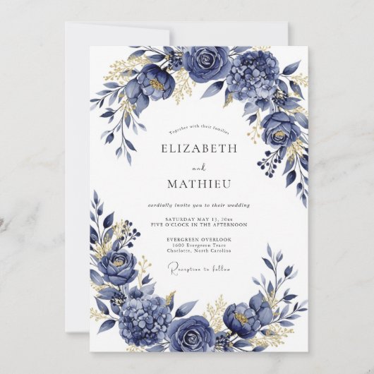 Invitation Navy Gilded Bloom Romance Wedding (Devant)