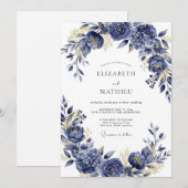 Invitation Navy Gilded Bloom Romance Wedding (Devant / Derrière)