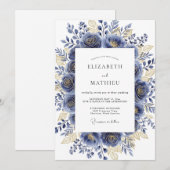 Invitation Navy Gilded Bloom Romantic Wedding (Devant / Derrière)