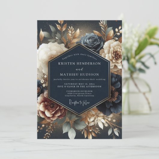 Invitation Navy Gilded Bloom Wedding (Debout devant)