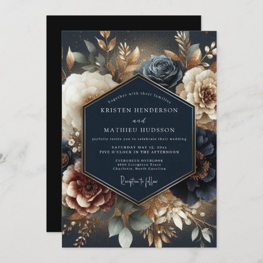 Invitation Navy Gilded Bloom Wedding (Devant / Derrière)
