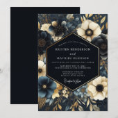 Invitation Navy Gilded Floral Wedding (Devant / Derrière)
