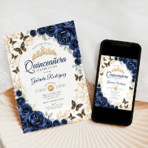 Navy Gold Floral Quinceanera