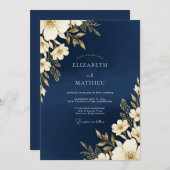 Invitation Navy Gold Floral Romance Wedding (Devant / Derrière)