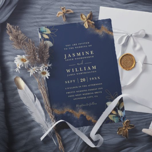 Invitation Navy Gold Modern Elegant Chic QR Code Wedding