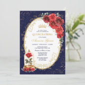 Invitation Navy Gold Quinceañera Enchanted Red Roses Party (Debout devant)